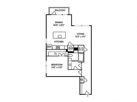 Floor plan for 1 bed, 1 bath, 940 sqft